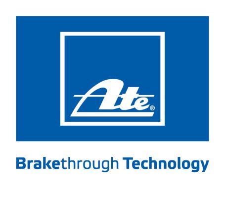 ATE Logo von ATE mit dem Slogan "Brakethrough Technology" in Blau- und Weißtönen.